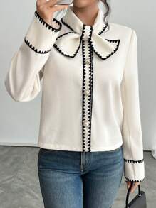 SHEIN Privé 女士秋季系带领长袖优雅拼色常规夹克 - 黑與白 - 查看 6