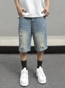 Manfinity EMRG Men's Simple Ripped Pocket Denim Shorts, Casual Everyday Wear - Medium Wash - View 3