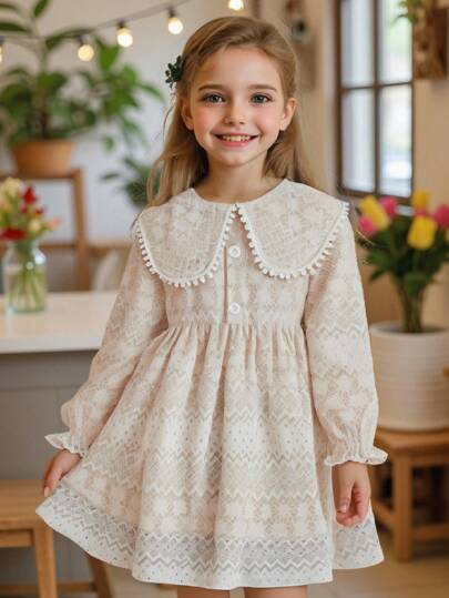 Elladie kids Vestido de manga larga con cuello de encaje floral vintage para niña, estilo dulce y lindo, adecuado para niñas de 4 a 7 años para usar en las temporadas de primavera y otoño