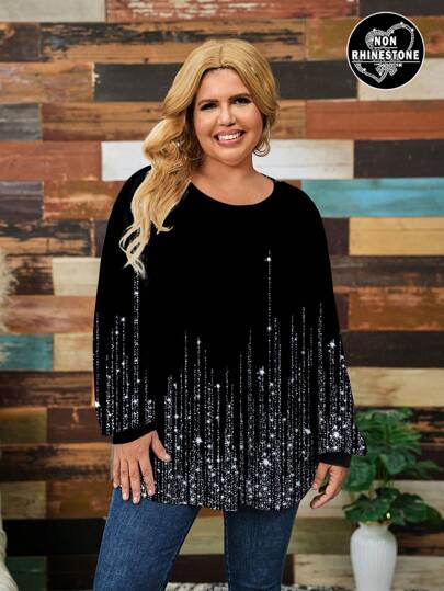 SHEIN LUNE Casual Minimalistisk Allover-tryck Loose Fit Rundhalsad Långärmad T-shirt i plusstorlek, lämplig för höst/vinter