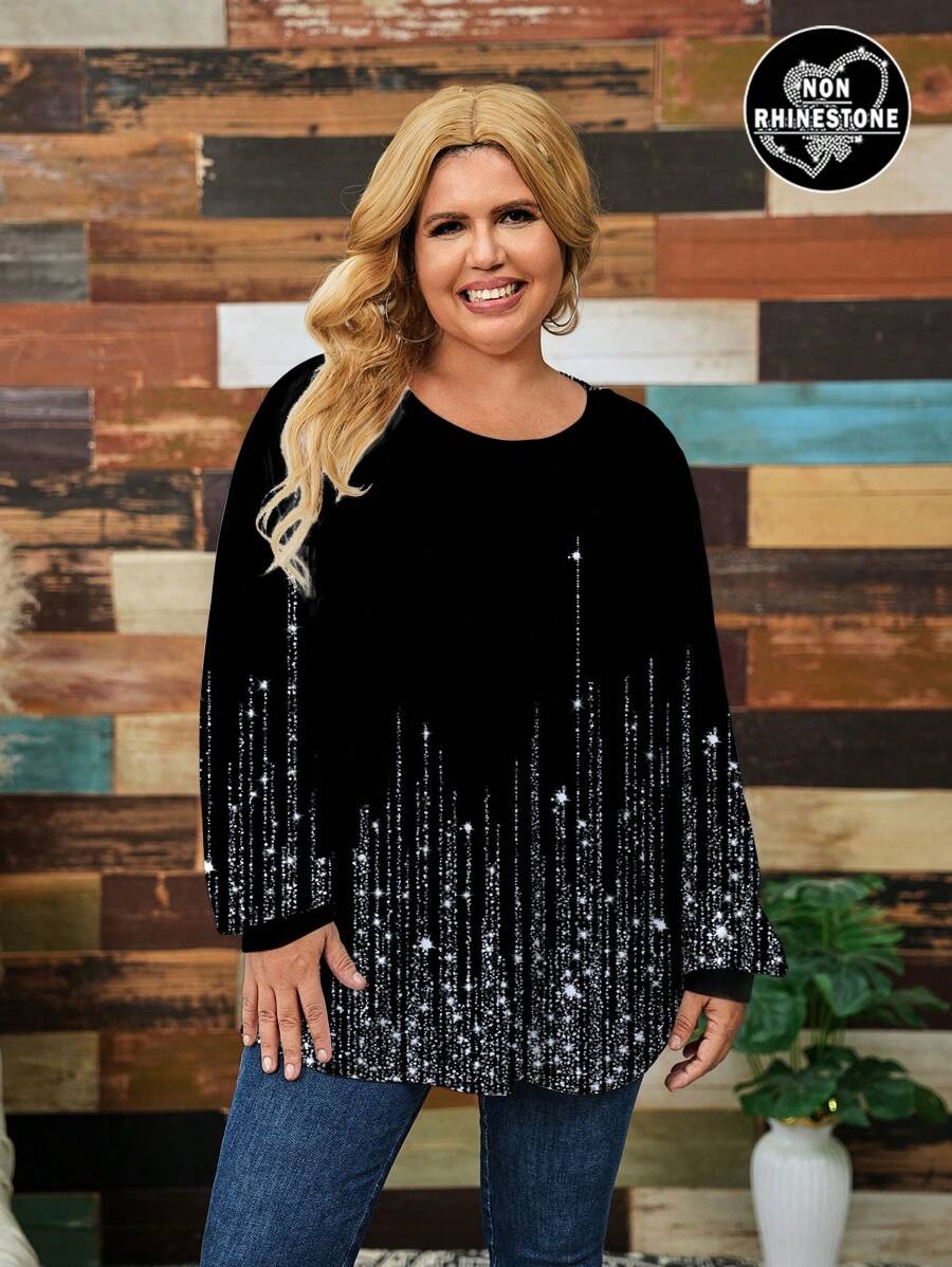 SHEIN LUNE Casual Minimalist Allover Print Loose Fit Round Neck Long Sleeve Plus Size T-Shirt, Suitable For Autumn/Winter - Multicolor - View 1