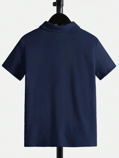 SHEIN 青少年男孩加大码纯色前拉链短袖休闲 Polo 衫