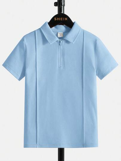 SHEIN Tween Boy 纯色拉链半襟休闲宽松 Polo 衫