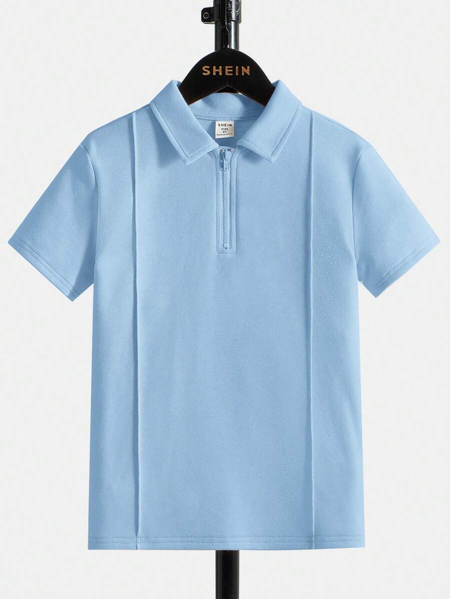 SHEIN Tween Boy 纯色拉链半襟休闲宽松 Polo 衫 - 淺藍色 - 查看 1