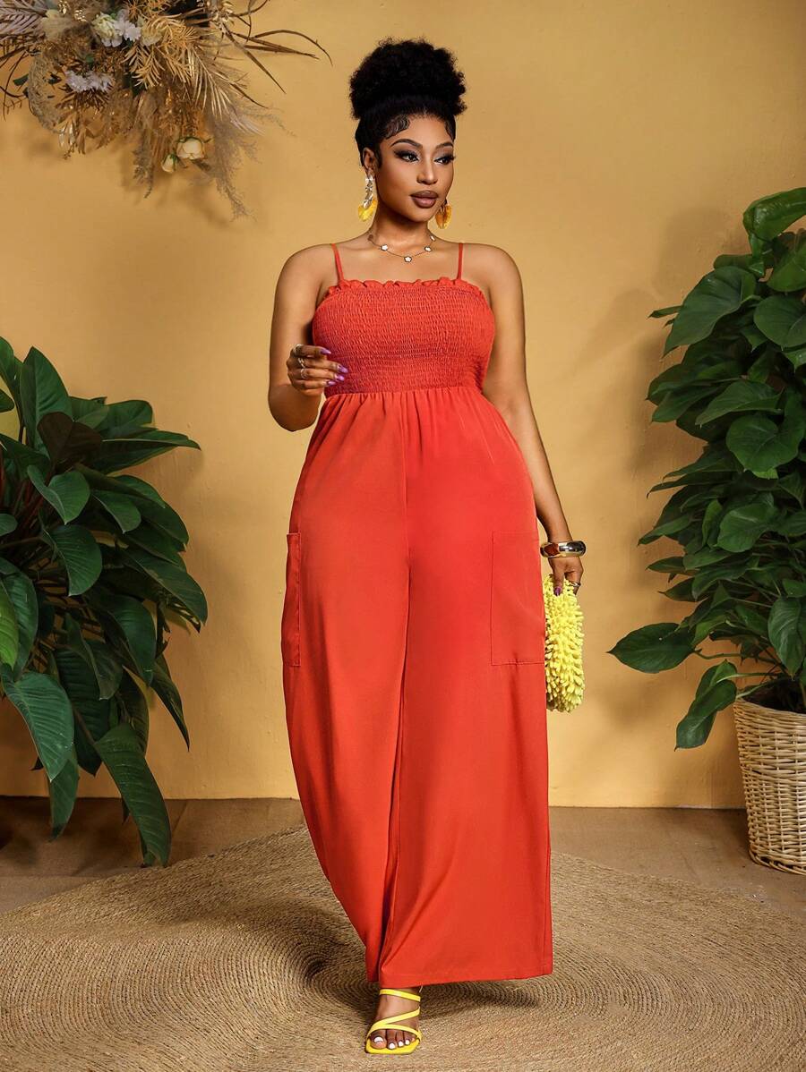 Slaydiva Plus Size Women Summer Casual Rust Red Elastic Jumpsuit With Loose Wide Leg - Rust Brown - View 1