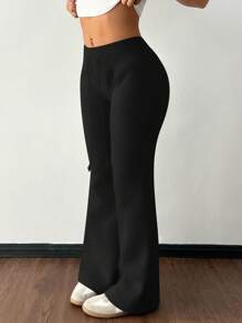 SHEIN PETITE Casual Low-Waist Drawstring Waist Elastic Sports Pants Flared Pants Sweatpants Thermal Lined Composite Velvet Suitable For Autumn And Winter - Black - View 8