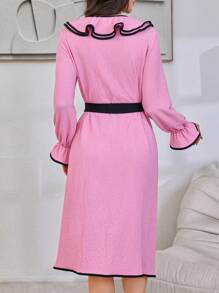 Women's Contrast Color Trim Double Layer Ruffle Collar Tie Front Bathrobe Loungewear - Pink - View 2