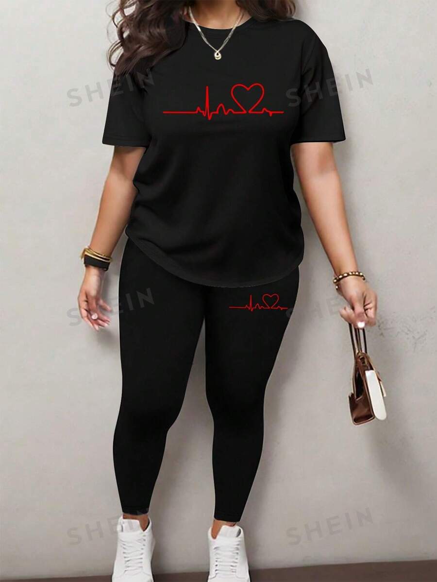 INAWLY Set de top și pantaloni scurți casual, cu imprimeu Heartbeat, 2 buc., primăvară/vară