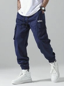 Manfinity EZcore Men's Letter Print Cargo Pockets Drawstring Waist Casual Pants - Navy Blue - View 1