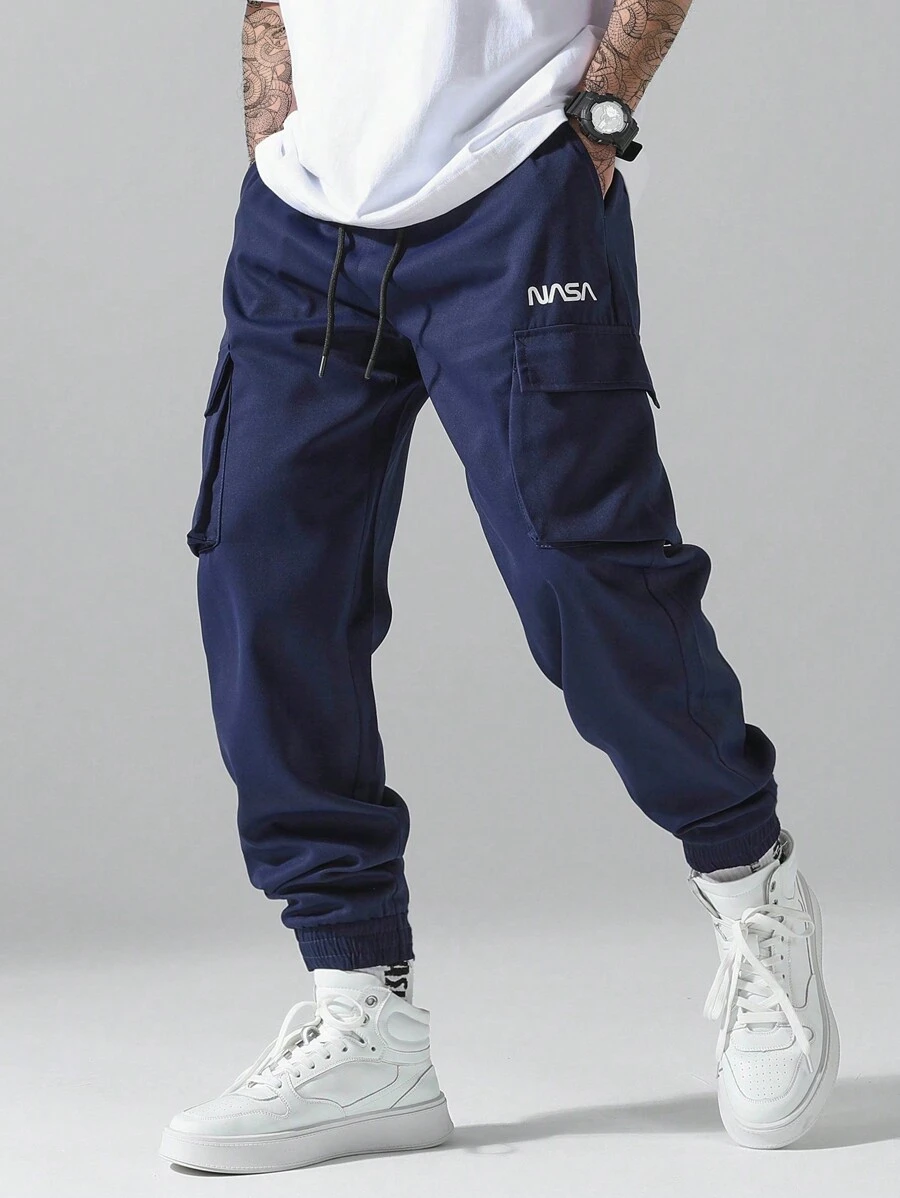 Manfinity EZcore Men's Letter Print Cargo Pockets Drawstring Waist Casual Pants - Navy Blue - View 1