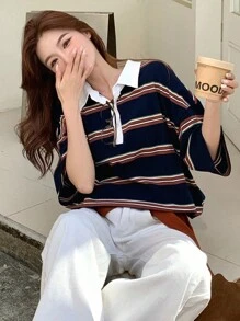 DAZY 休闲运动春夏拼接撞色条纹宽松长袖T恤女秋装 - 藍色 - 查看 4