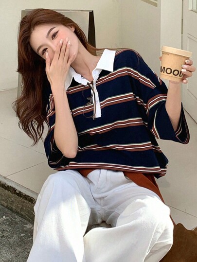 DAZY 休闲运动春夏拼接撞色条纹宽松长袖T恤女秋装