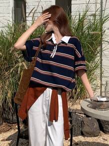 DAZY 休闲运动春夏拼接撞色条纹宽松长袖T恤女秋装 - 藍色 - 查看 7