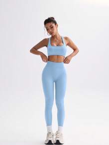 Slayform Women Solid Color Criss-Cross Back Cropped Cami & Leggings Sports Set Workout Women Set Women Leggings Set - Baby Blue - View 4