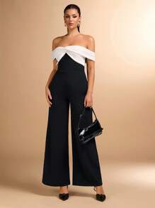 SHEIN BAE Elegant Women's Black & Color Block Jumpsuit, Great For Daily Wear, Dating, Outing, Nightclub, Party Gathering, Suitable For Halloween