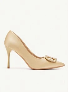 CUCCOO CHICEST Fashion Elegant Golden Color Satin Glitter Rhinestone Metal Decor Pointed Toe Stiletto High Heel Shoes For Wedding Bride Bridesmaid, Party, Date, Holiday, Christmas, Valentine, Comfortable Valentines