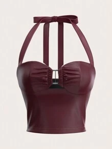 SHEIN ICON Fashionable Sexy Solid Color PU Leather Backless Halter Top