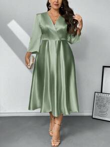 Firerie Plus Size Women Romantic Elegant Long Sleeve V-Neck A-Line Midi Dress, Suitable For Bridesmaid, Date, Party, Wedding, Loose Fit