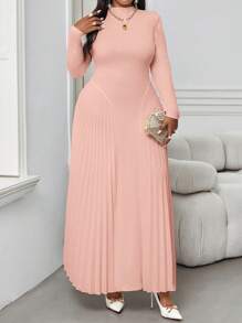 SHEIN Lady 秋冬优雅职场粉色针织立领褶皱飘逸长袖大码连衣裙，适合秋季和冬季穿着，优雅女装，秋季曲线美人装。 - 粉色 - 查看 5