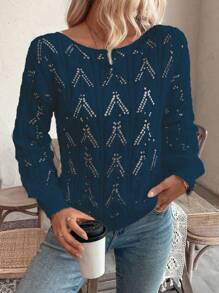 SHEIN LUNE Casual Off Shoulder Hollow Floral Loose Pullover Sweater, Relaxed Holiday Style - Navy Blue - View 3