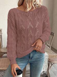 SHEIN LUNE Áo len chui đầu dài tay hở vai họa tiết hoa phong cách nghỉ mát dáng rộng thoải mái - Bụi hồng - Xem 5