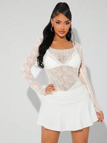 SHEIN SXY 性感透明水钻装饰白色长袖上衣