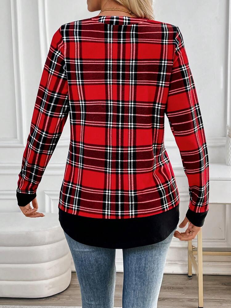 Valentine's Day  Women Plaid Patchwork T-Shirt, Minimalist Fashion Casual For Everyday Wear