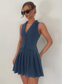 SHEIN Essnce 2pcs Women Button Top And Pleated Mini Skirt Suit Sets - Blue - View 5