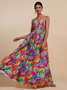 Travachic Vestido sin mangas con escote en V con estampado de plantas tropicales para mujeres