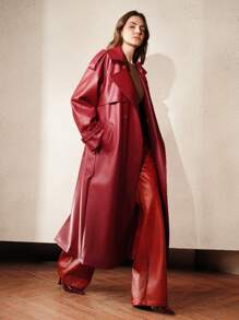 Anewsta 女士安哥拉红优雅风衣，双排扣领设计，长款时尚防风外套，秋/春季款 - 紅色 - 查看 6