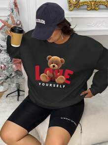 INAWLY Plus Bear & Letter Graphic Drop Shoulder Sweatshirt, For Winter Graduation,Back To School,Graduation,Teacher For Women,Back To School Pullover Fall Autumn - Black - View 6