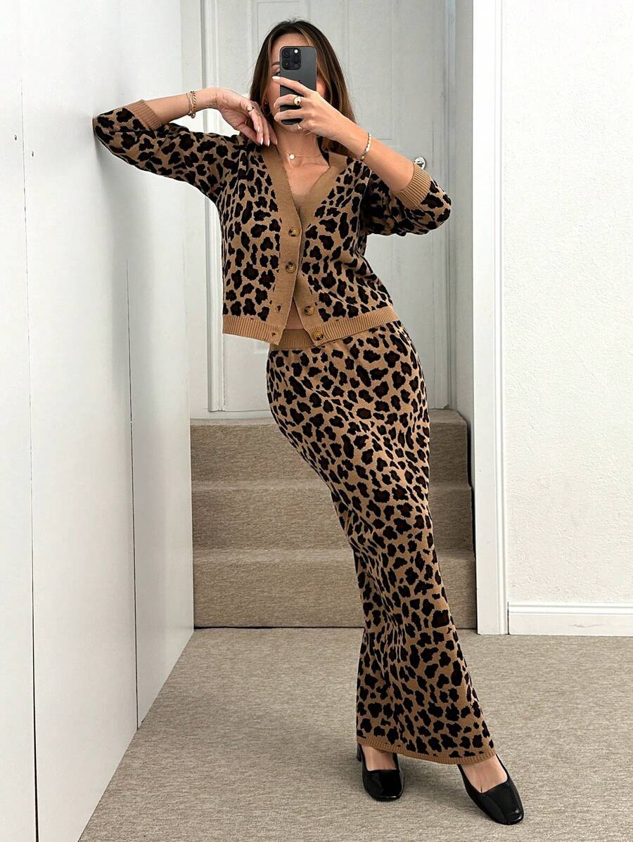 EURMUSE Woman Leopard Pattern Cardigan And Skirt Two Piece Set Co-Ords - Coffee Brown - View 1