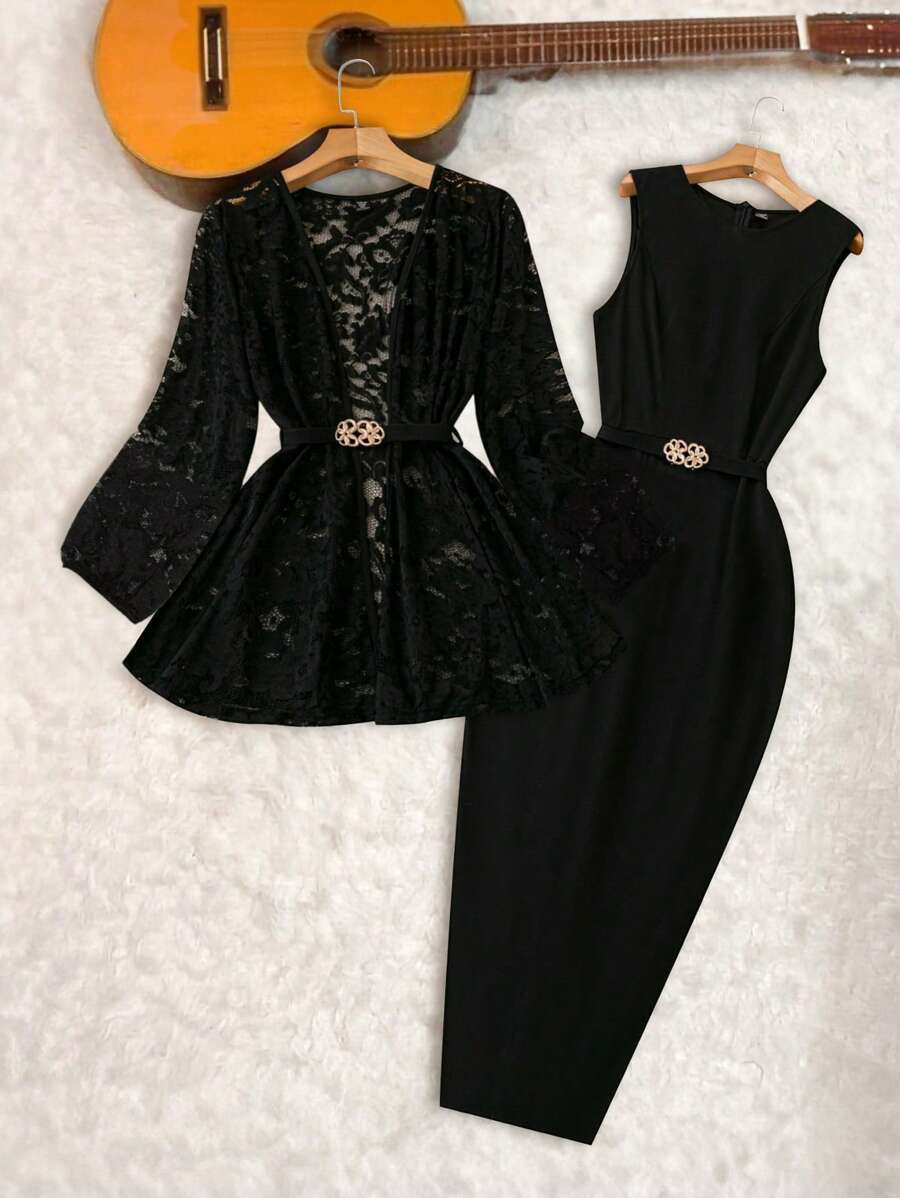 Lace Cardigan & Slip Dress 2Pcs