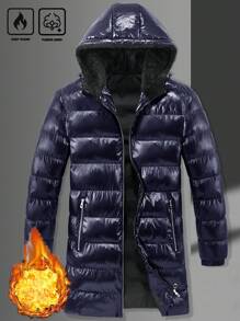 Manfinity Homme Men's Hooded Long Length Padded Winter Coat, Glossy Quilted Coat For Autumn/Winter - Royal Blue - View 3