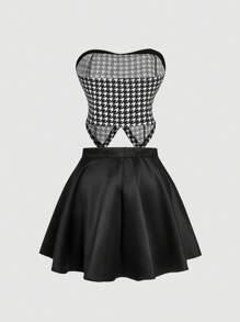 SHEIN MOD Plus Size Colorblock Houndstooth Print Bandeau Top & Satin Midi Skirt 2 Pieces Set - Black and White - View 2