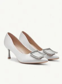 CUCCOO CHICEST Women's Fashion Elegant Silver Color Satin Rhinestone Buckle Pointed Toe Stiletto High Heels, Suitable For Wedding, Bridesmaid, Party, Banquet, Date, Christmas, New Year, Valentine's Day, Comfortable Shoes Valentines