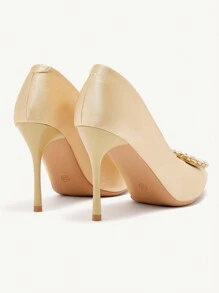 CUCCOO CHICEST Fashion Elegant Golden Color Satin Glitter Rhinestone Metal Decor Pointed Toe Stiletto High Heel Shoes For Wedding Bride Bridesmaid, Party, Date, Holiday, Christmas, Valentine, Comfortable Valentines