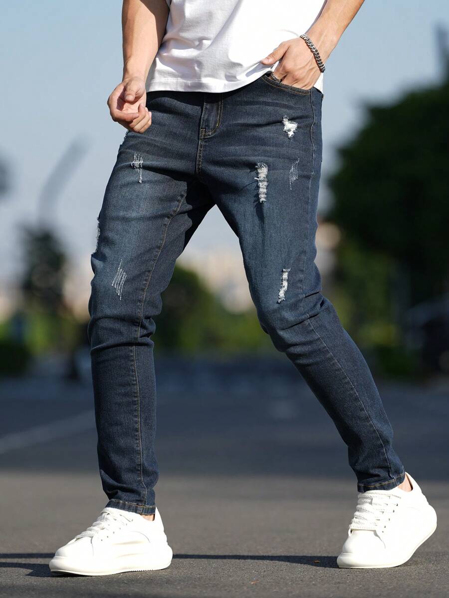 Manfinity LEGND Men's Pocket Ripped Skinny Casual Fashionable Denim Jeans - Blue - View 1