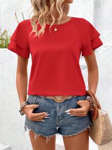 Breezaya 女士纯色圆领荷叶边袖宽松休闲衬衫 - 紅色 - 查看 3