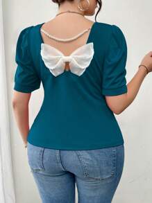 Elenzga 大码女式夏季蝴蝶结装饰修身圆领泡泡袖T恤，新年款