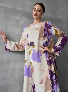 Al Najma 女士土耳其长袍和阿拉伯花卉印花长裙、卡夫坦长袍和贾拉比亚长裙，端庄大方 - 彩色 - 查看 1