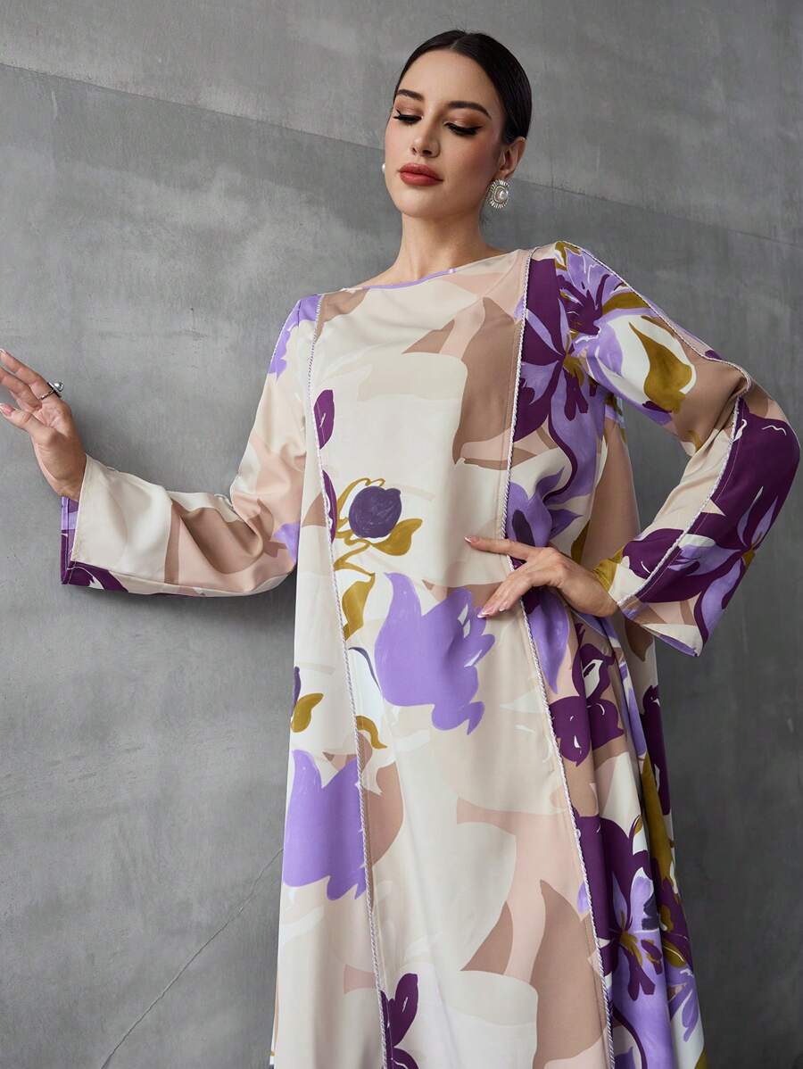 Al Najma 女士土耳其长袍和阿拉伯花卉印花长裙、卡夫坦长袍和贾拉比亚长裙，端庄大方 - 彩色 - 查看 1