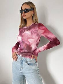 Siren Gaze Women's Fashion Tie-Dye Print Fitted Long Sleeve T-Shirt Winter Christmas Red New Year Burgundy Casual Spring Valentine's Day - Burgundy - View 4