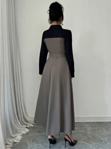 Modelyn 女士优雅撞色拼接二合一连衣裙，秋冬长款晚礼服 - 灰色 - 查看 2