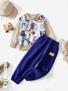 SHEIN 2 件套年轻男孩风格休闲日常拼布男孩服装 - 米色 - 查看 1