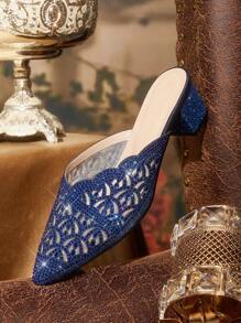 CUCCOO TILAWA Women's Rhinestone Decor Pointed Toe Slip-On Heeled Mule Shoes, Fashion For Party And Casual Wear, Autumn/Spring Shoes Spring Break Easter - Blue - View 8