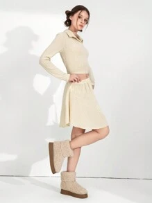 SHEIN Explorewe 2 件套优雅甜美杏色女孩短款上衣和分层裙子，V 领，青少年休闲装