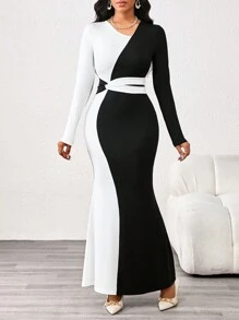 SHEIN Lady 秋冬优雅工装黑白针织圆领鱼尾长袖连衣裙 - 黑色 - 查看 3