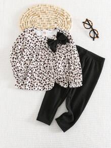 Cozy Pixies 女婴豹纹 3D 蝴蝶结针织柔软圆领长袖上衣，弹性腰部纯色打底裤休闲 2 件套服装