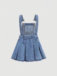 SHEIN Baby Girls' Y2K Cute Navy Blue Denim Suspender Pleated Dress, Girls New Year Mini Skirt Outfit